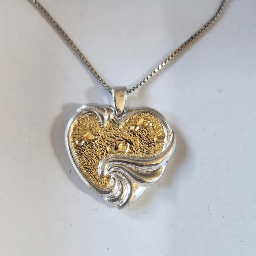 Inspirational Gorham Footprints Prayer Two Tone Vintage Heart Pendant Necklace